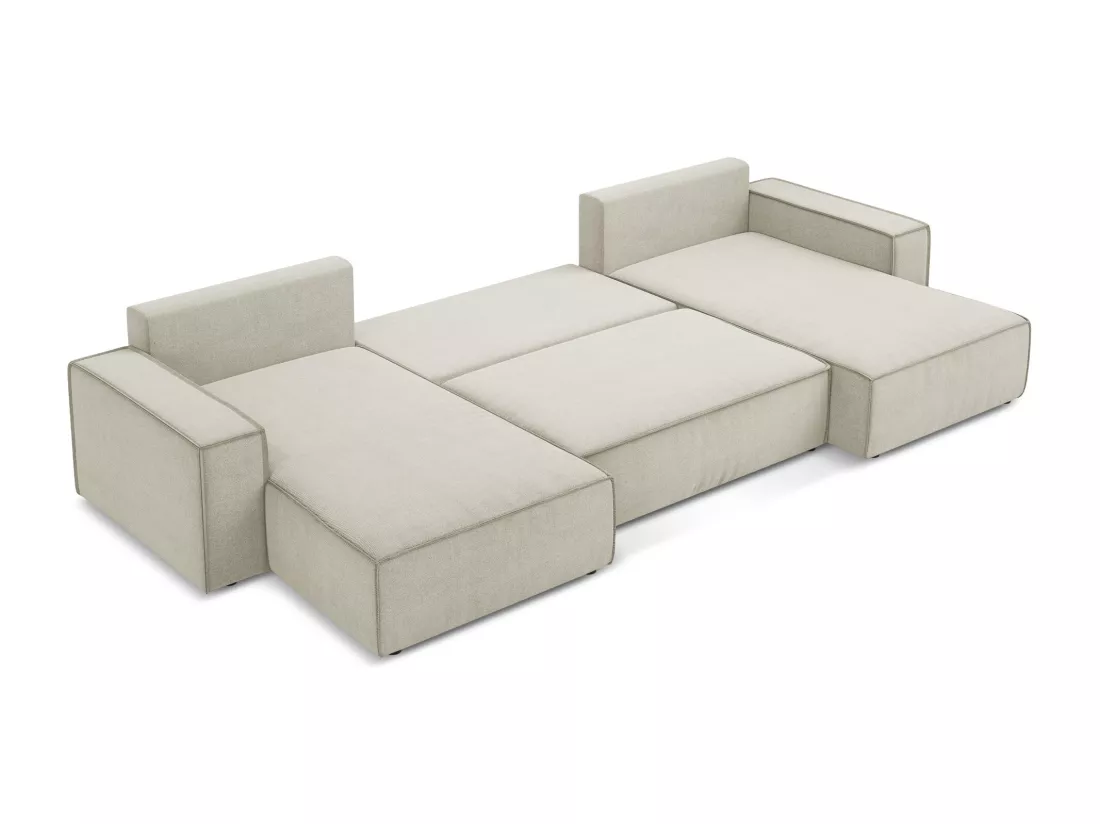 Canapé d'angle panoramique convertible en tissu texturé - beige clair - KIMO