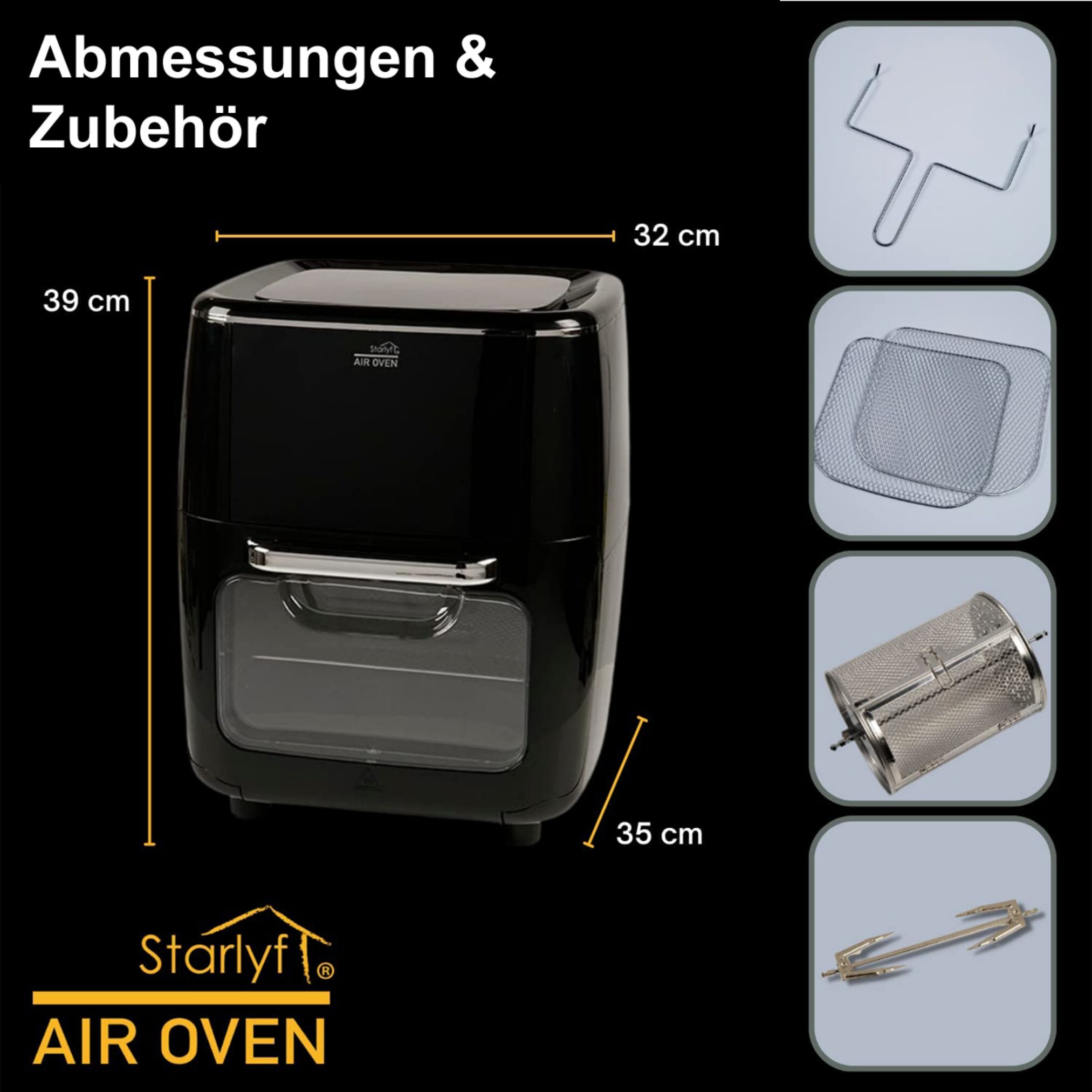 Starlyf® Heißluftfritteuse XL mit Drehspieß - Backofen & Fritteuse Air Oven 3in1
