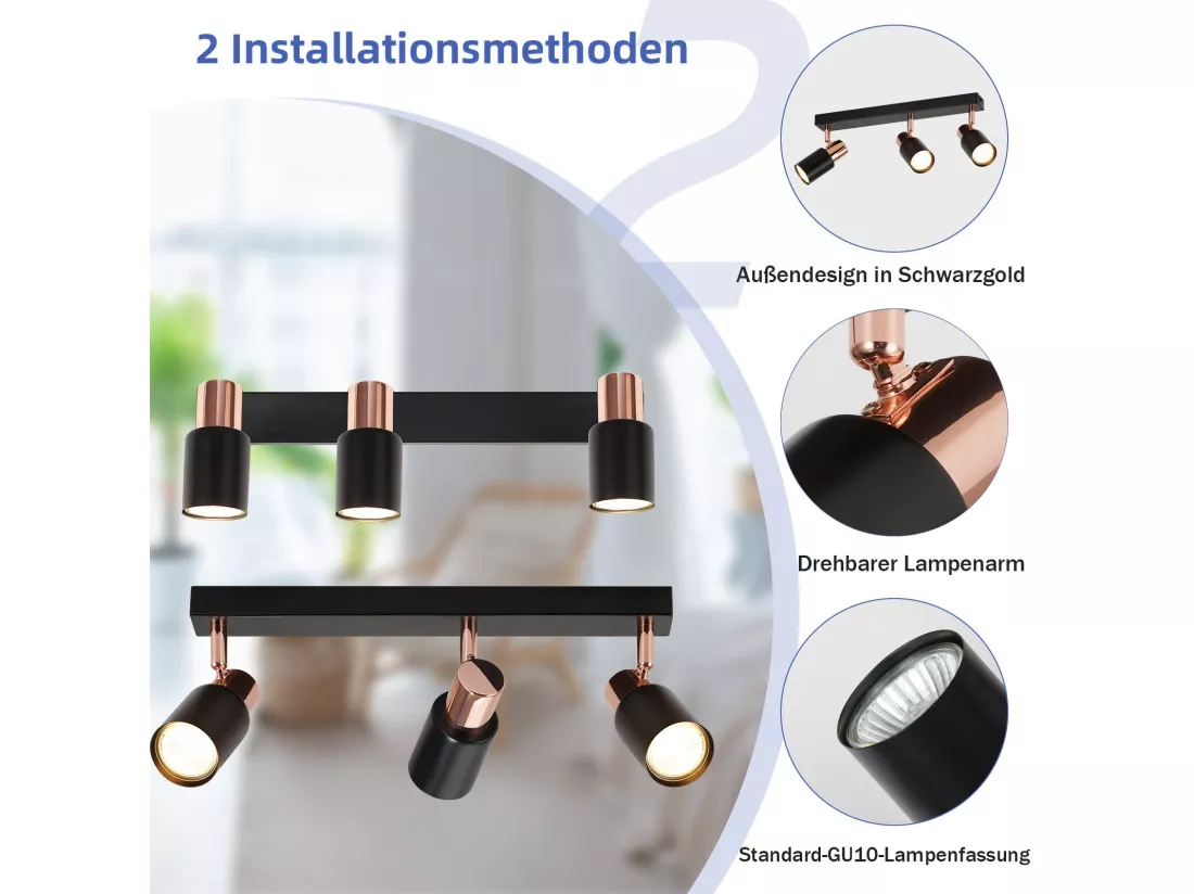NETTLIFE Spot de plafond 3 flammes GU10 pivotante 355°noir Moderne