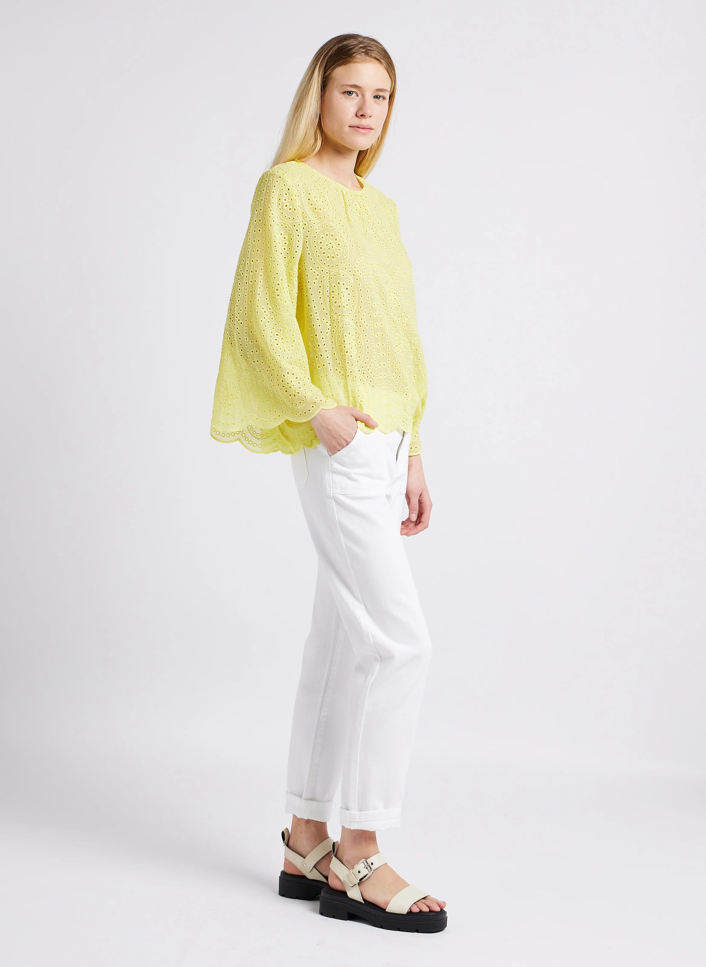 NALLA - Pantalon slim taille haute en coton | Blanc