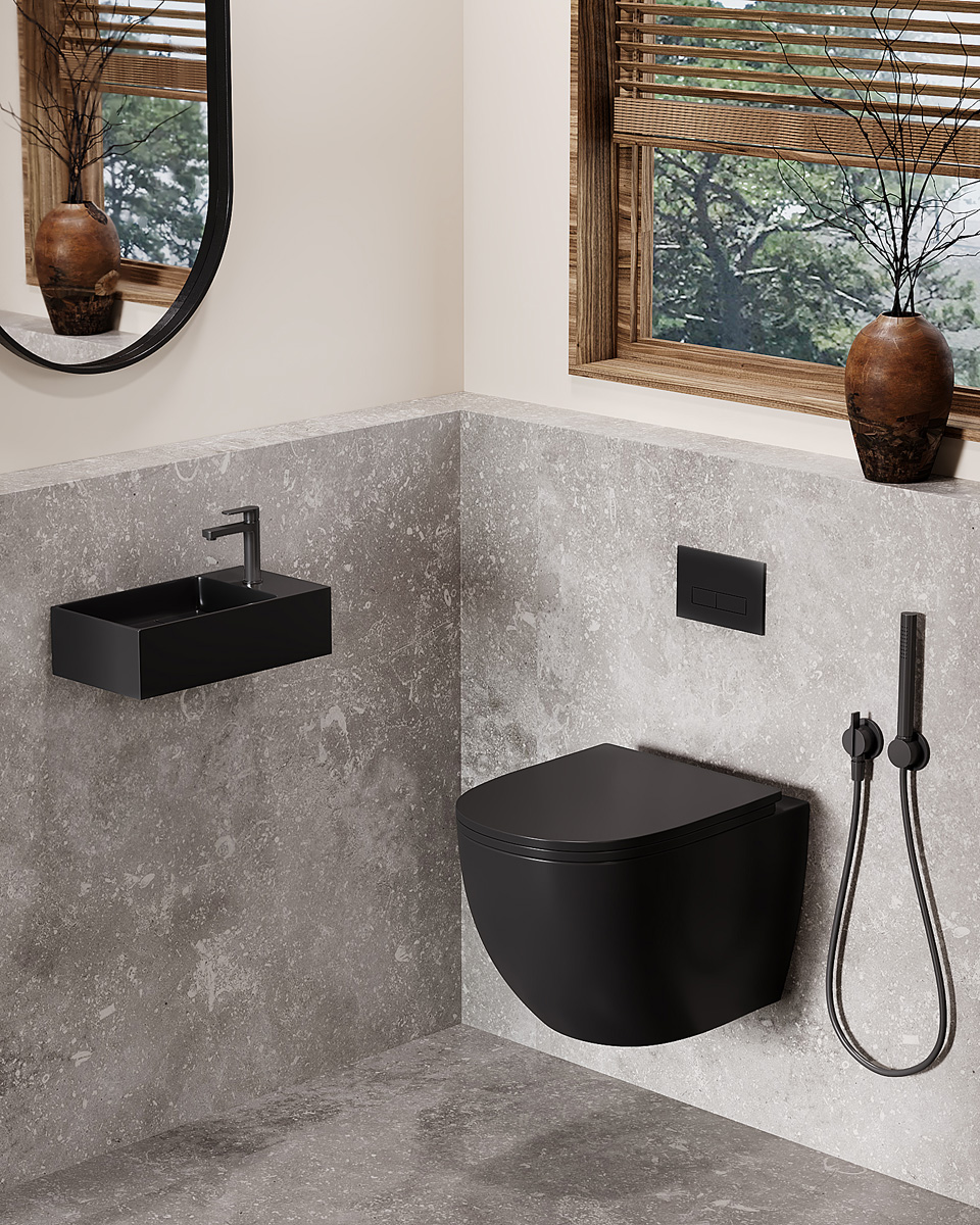 Saniclear Itsie fontein mat zwart met kraangat rechts 39x22x10cm
