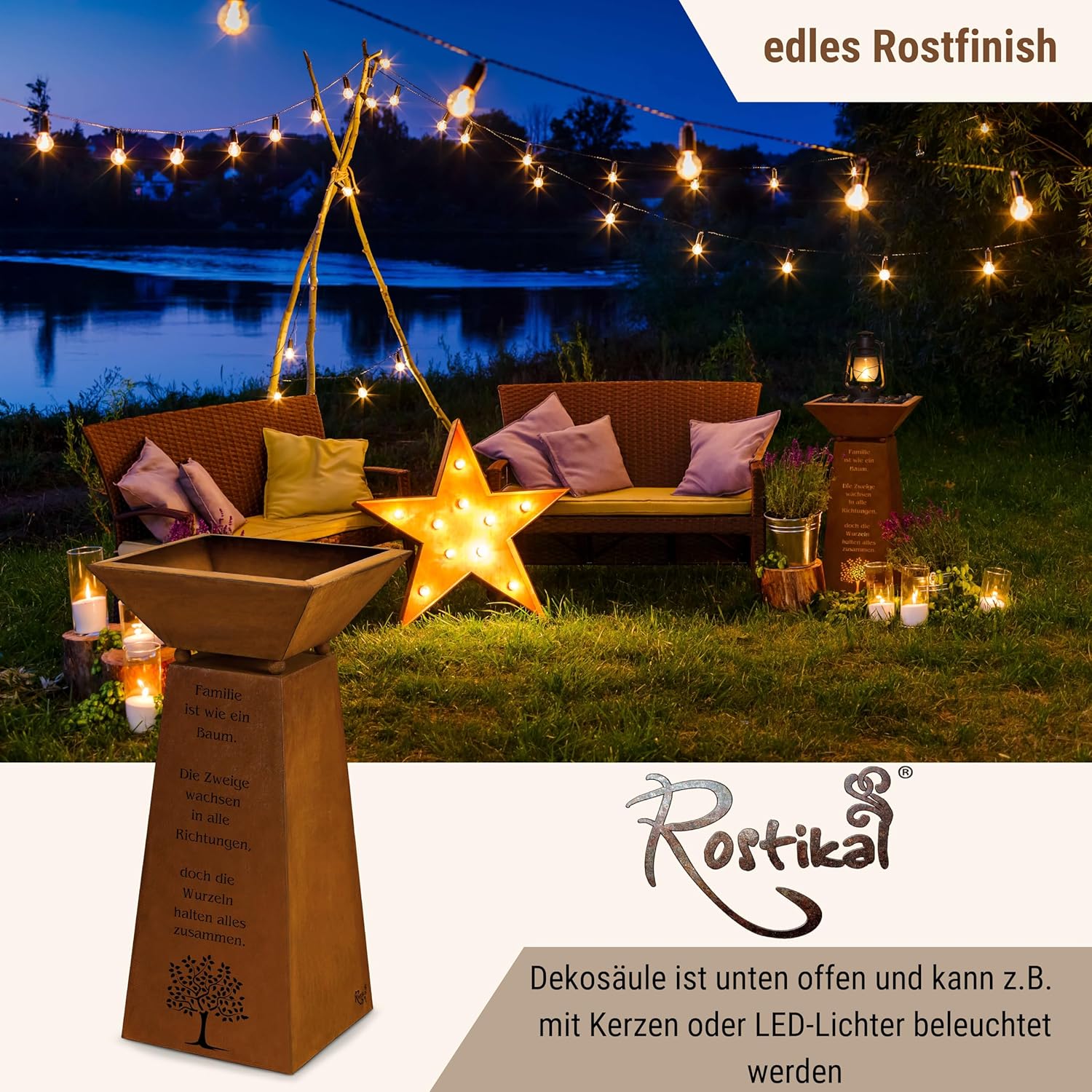 Rostikal Pflanzsäule 72 cm - Dekorative Gartensäule aus Metall - inkl. Blumenschale und Familienspruch im Rostdesign - Handgefertigt, Hochwertig, Langlebig