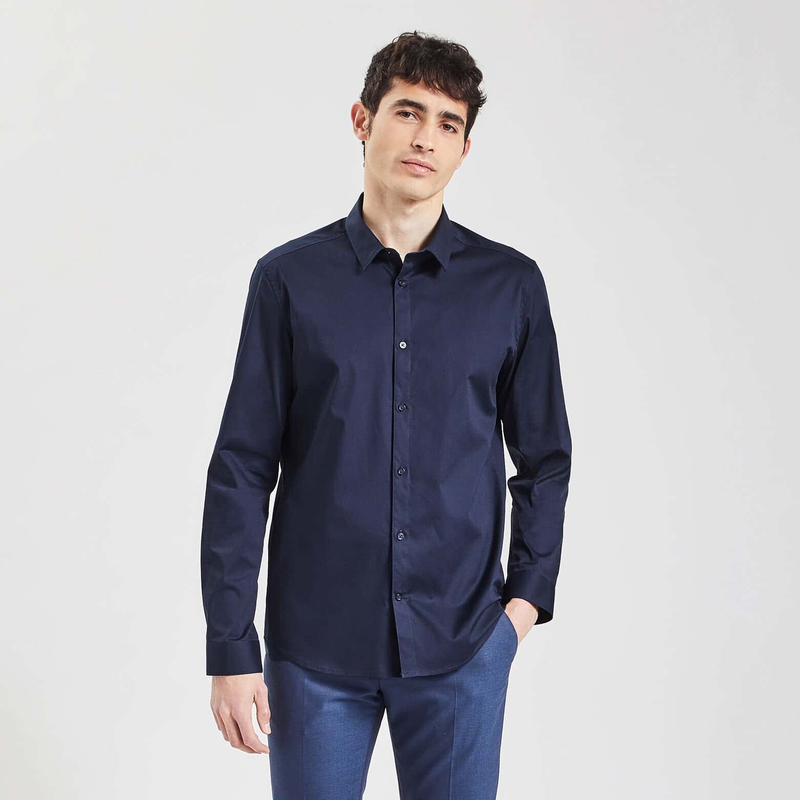 Chemise slim unie coton biologique stretch Bleu foncé
