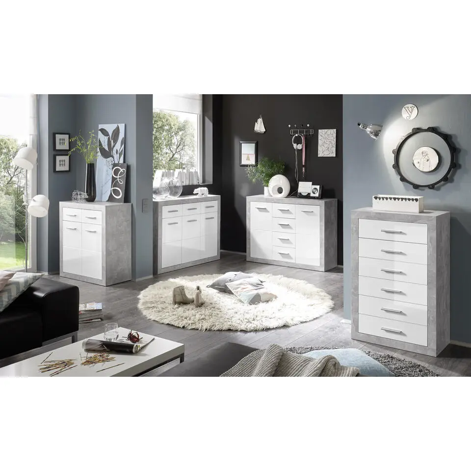 Commode Inga 82 cm met 2 deuren & 2 lades - beton/wit