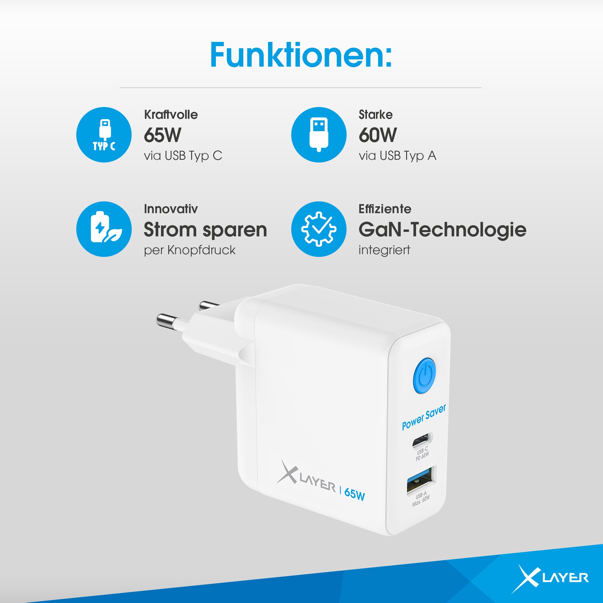 Xlayer Power Saver USB-C Schnellladegerät I 65W PD I Strom-Stopp-Funktion