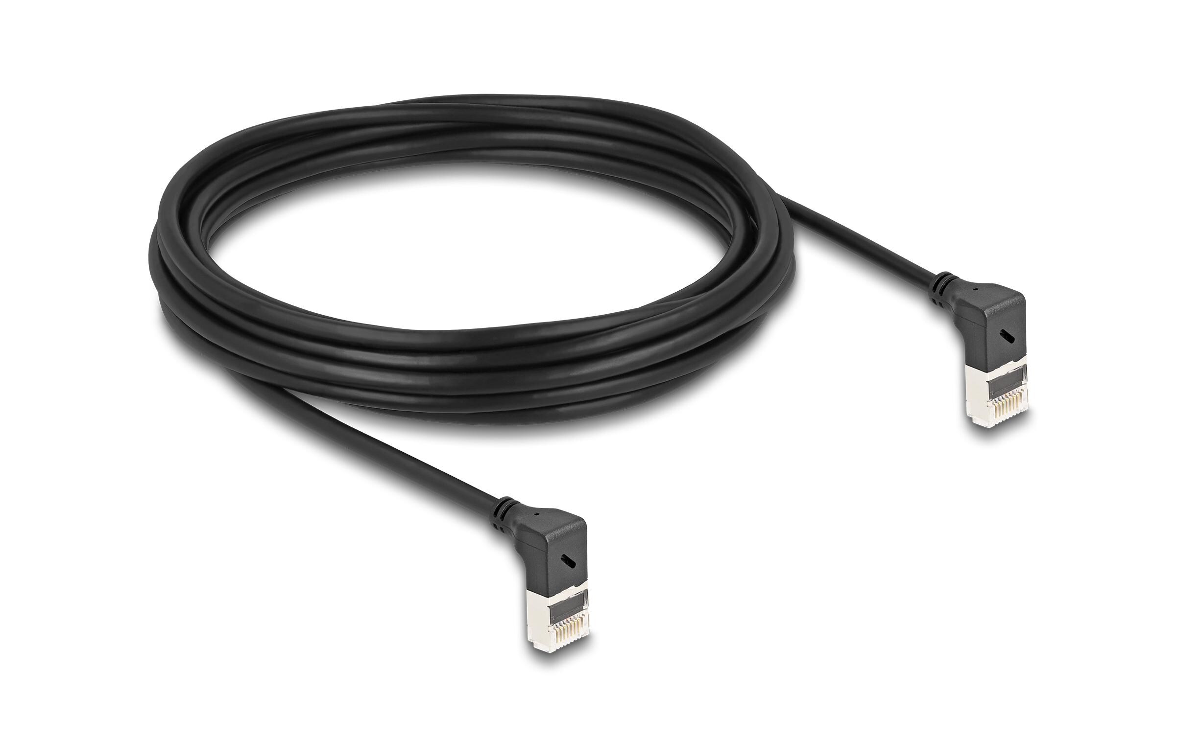 Patchkabel 90° oben gewinkelt Cat 6A, S/FTP, 5 m, SchwarzDelock RJ45 Netzwerkkabel Cat.6A S/FTP Slim 90° oben / oben gewinkelt 5 m schwarz