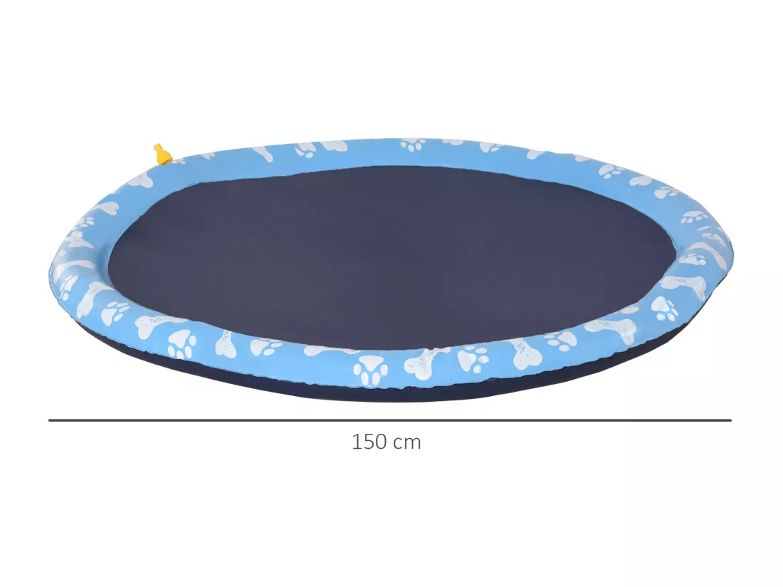 Piscine tapis à jet d'eau pour chien - Ø 1,5 m - pliable, facile à transporter - PVC bleu motifs os pattes