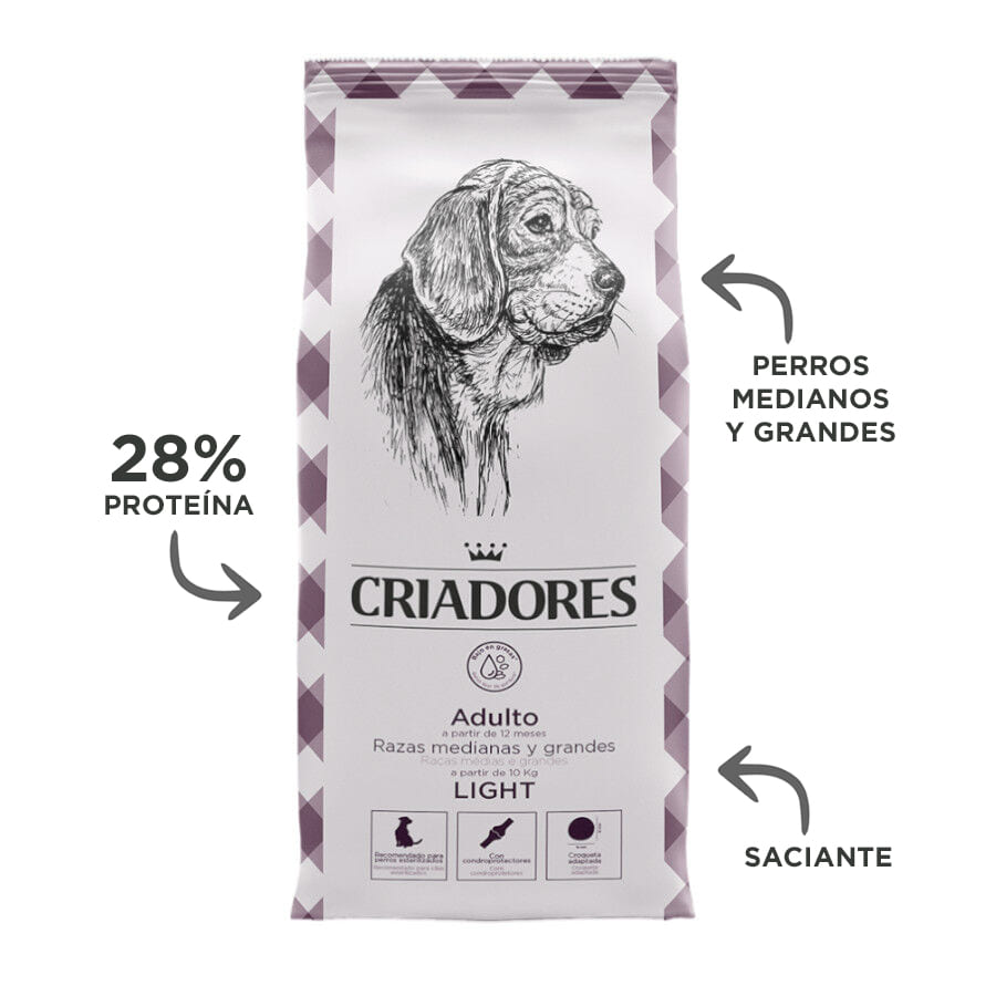 Ração Breeders Adult Light para cães de raças grandes e médias.