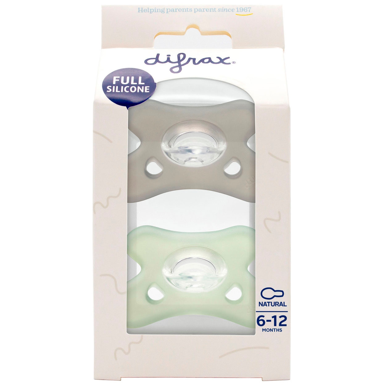 Difrax Fopspeen natural siliconen 6-12M grijs