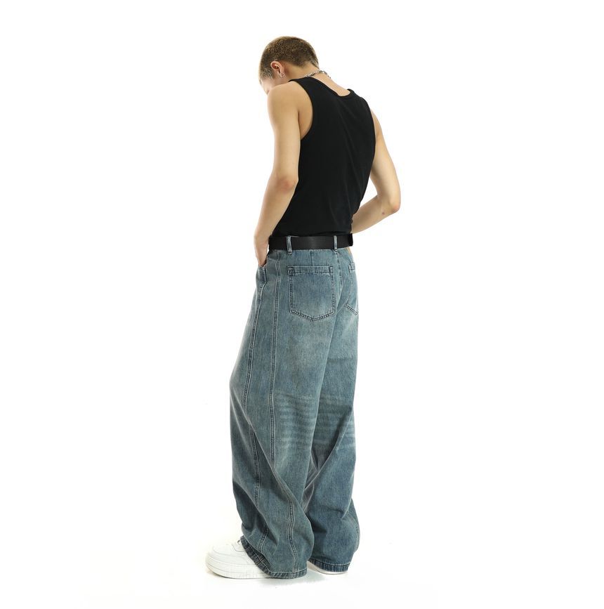 Meiksip - Mid Rise Washed Wide Leg Jeans