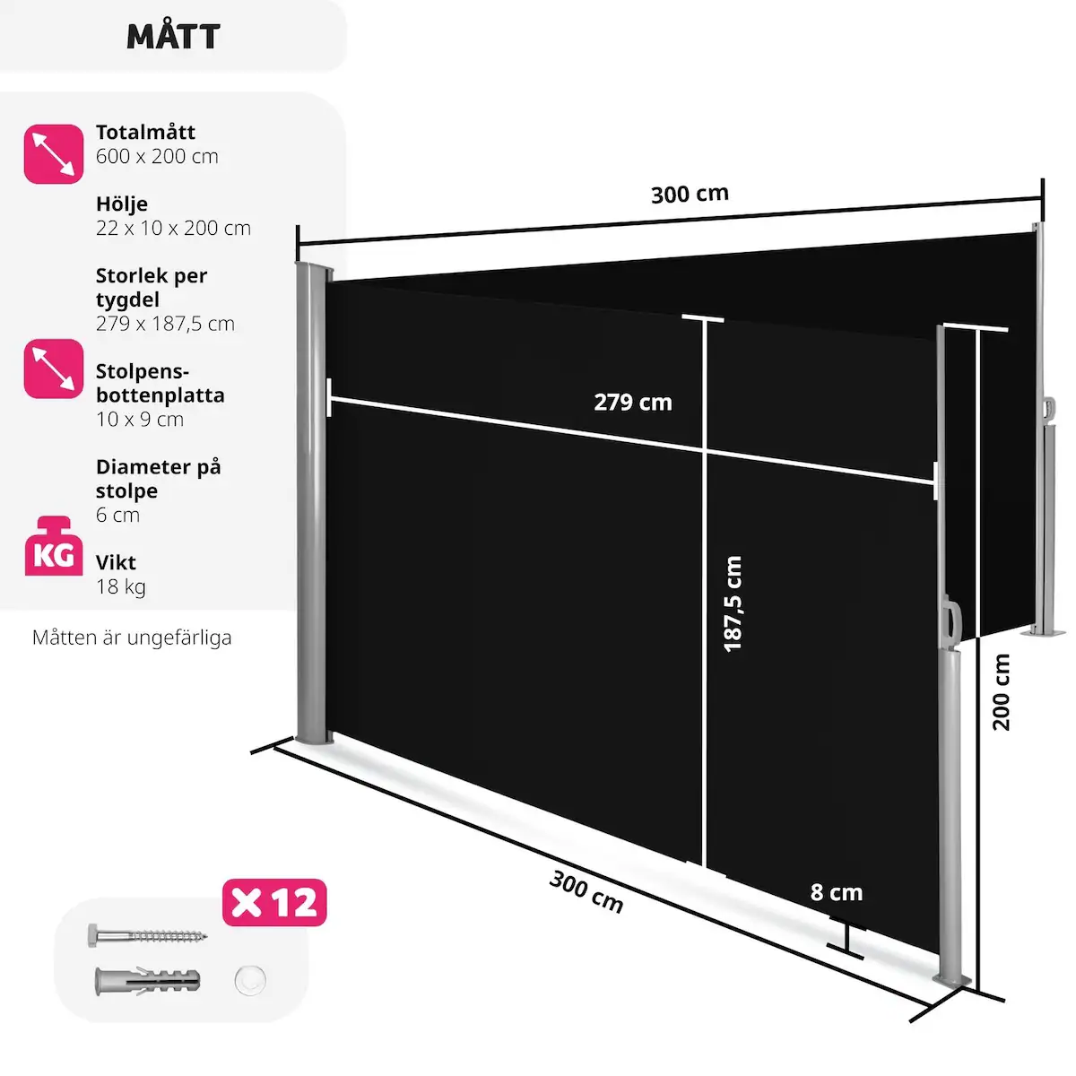 Dobbel sidemarkise aluminium - 200 x 600 cm,svart