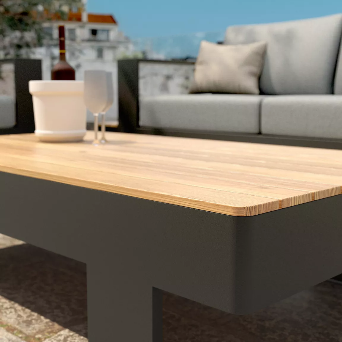Salon de jardin aluminium et bois teck 5 places Antibes Gris anthracite