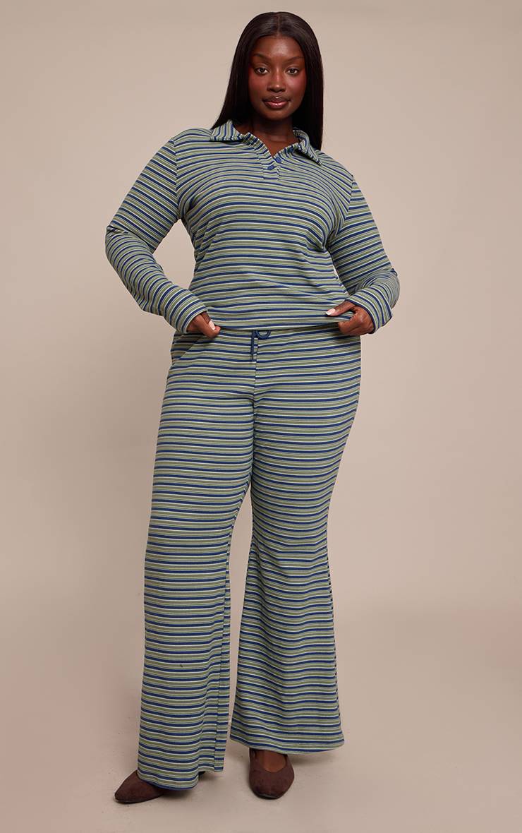 Vert Pantalon Évasé Skinny À Fines Rayures Grande Taille