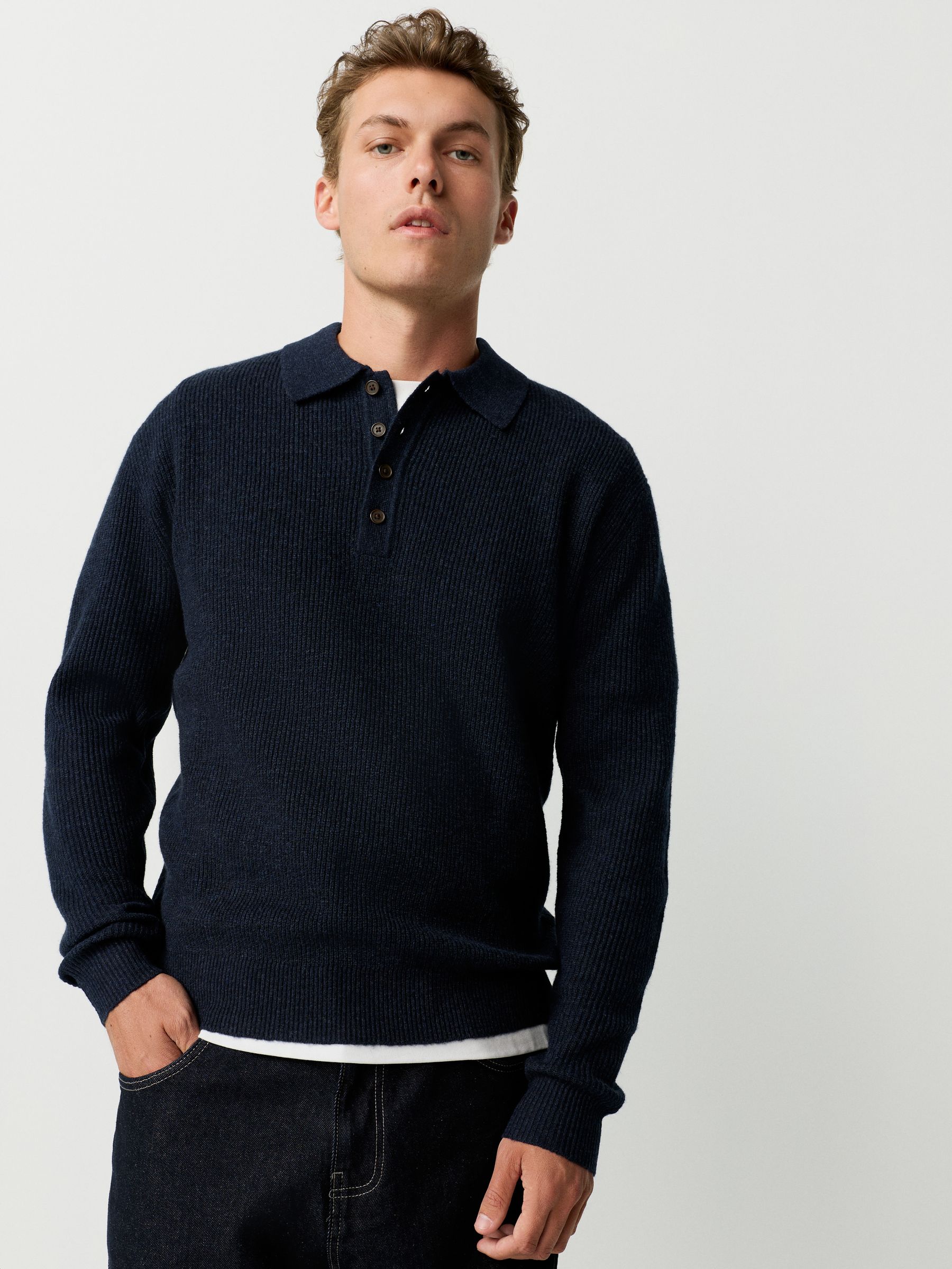 Donkerblauw - Regular-fit poloshirt met textuur, lange mouwen, wol en gebreid