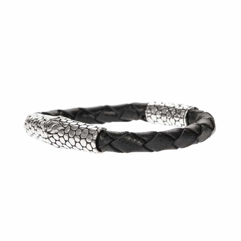 Bracelet Homme Exotique écaille Cuir Noir Et Argent