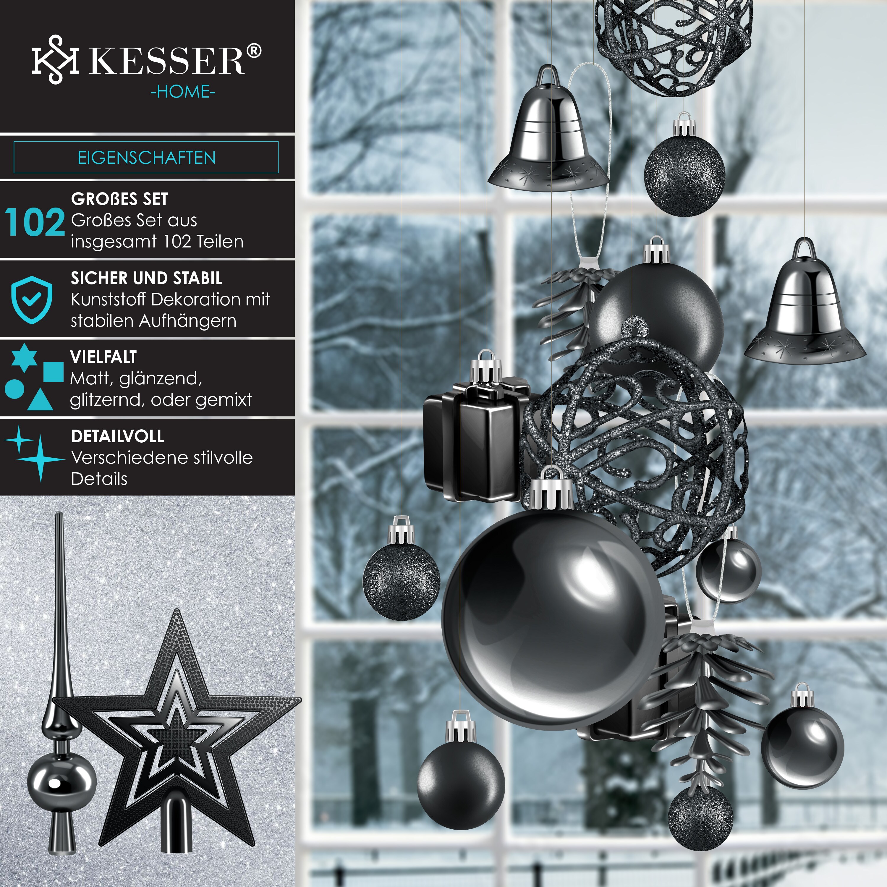 KESSER® Weihnachtskugeln 102-teiliges Set mit Baumspitze Christbaumkugeln Kunststoff Bruchsicher mit Plastik Weihnachtsbaumkugeln Box Weihnachtsbaum Weihnachtsdeko Deko & Christbaumschmuck