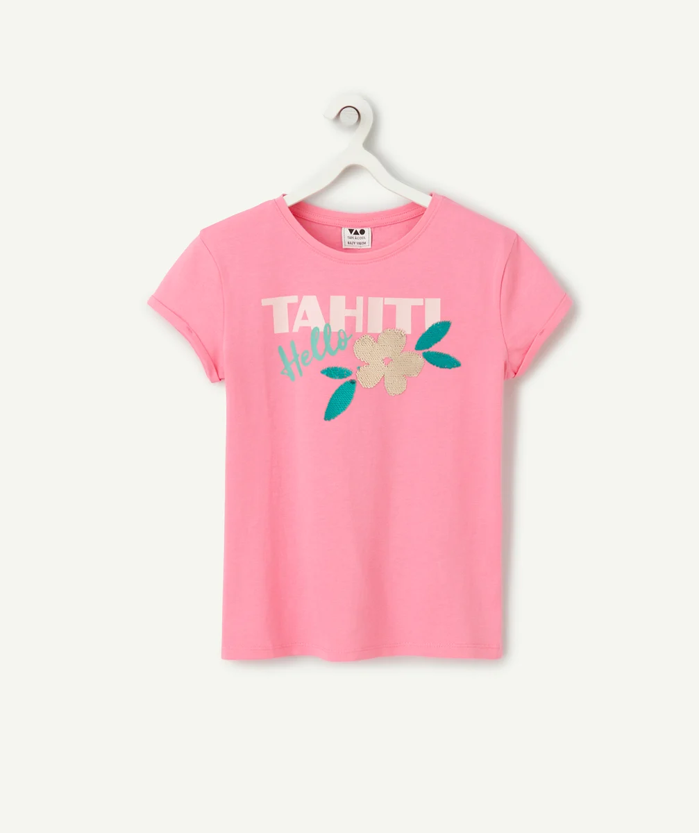 t-shirt manches courtes fille en coton bio rose motif tahiti