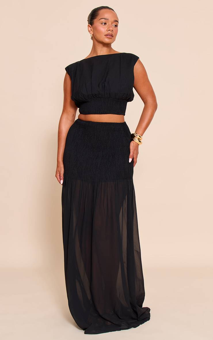 Noir Top Shape Col Bateau Froncé Taille Cintrée