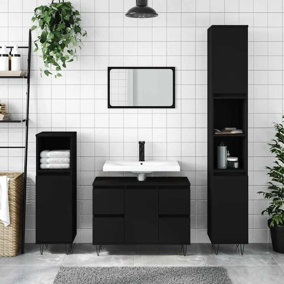 vidaXL - Zwart Wastafelonderkast - 1 deur 4 lades - Bewerkt hout - 80x33x60 cm