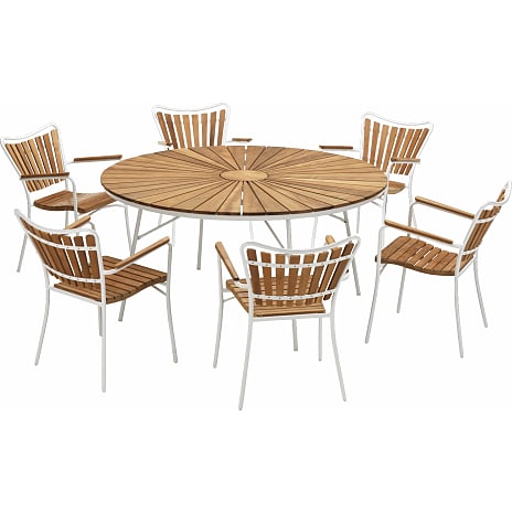 Kerteminde Ø150 teak havemøbelsæt med 6 stole - Teak/hvid