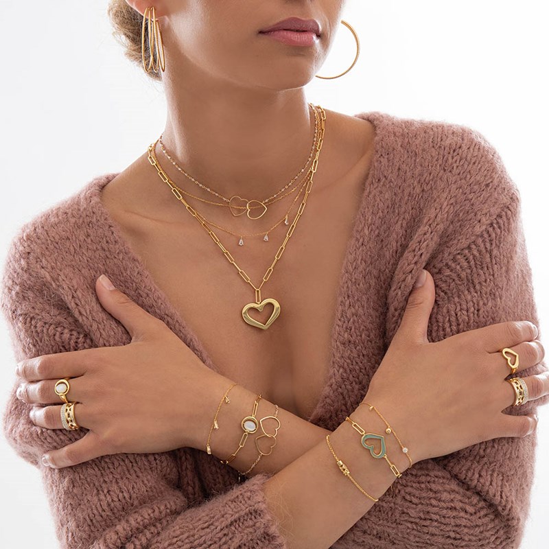 Collier Argent Doré Double Coeur Et Pierre Blanche