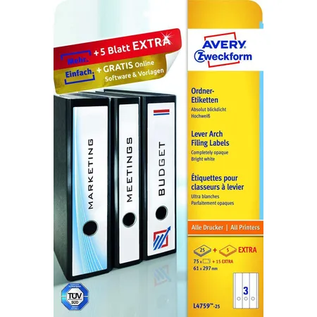 Avery Zweckform L4759-25Ordnerrücken Etiketten A4, mit ultragrip, 61 x 297 mm, breit/lang, 30 Bogen/90 Etiketten, weiß