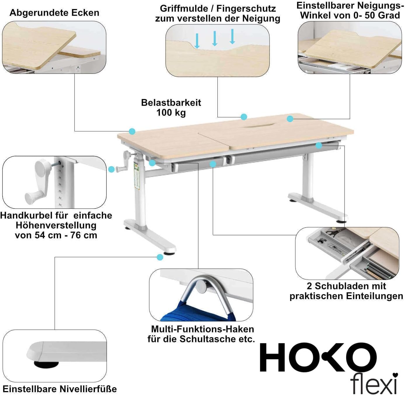 HOKO Kinderschreibtisch, Höhenverstellbar Kinderschreibtische 120x60 cm, Schreibtisch Kinder ab 6 Jahren, neigbare Tischplatte mit Schubladen, 100kg Belastbarkeit, Verstellbar von 54-76cm (Holz,CELIN)
