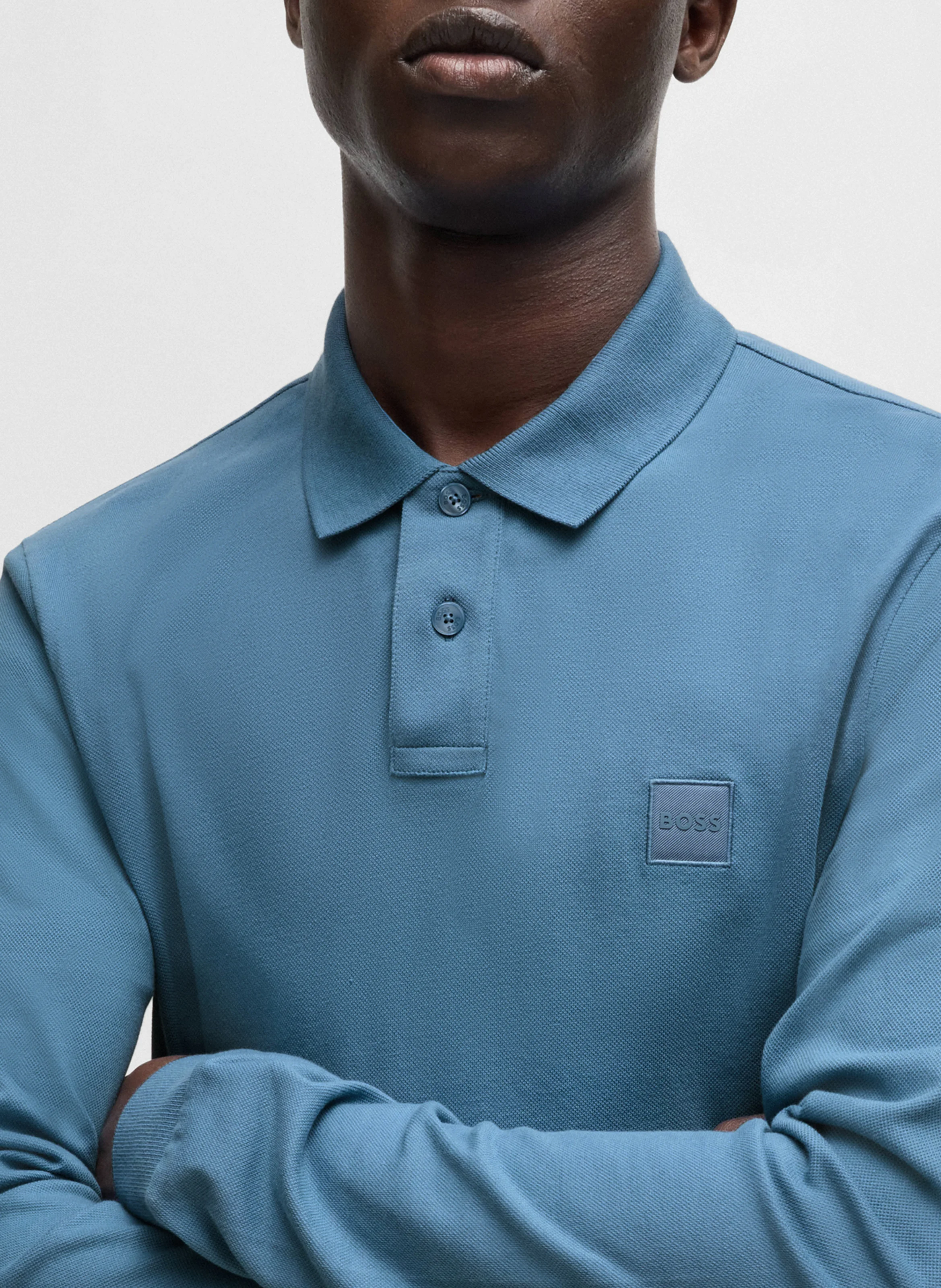 Polo à manches longues regular-fit en coton mélangé | Bleu