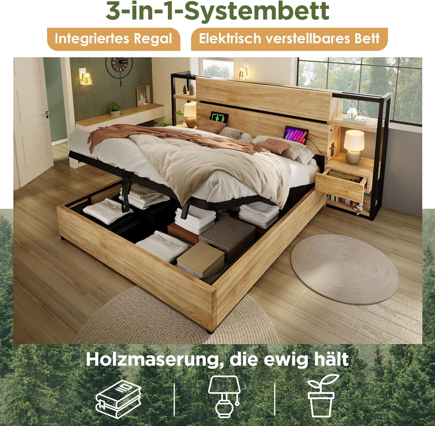 Doppelbett Bettanlage 180x200 mit Nachttisch,Stauraum Kopfteil mit Schubladen und USB Type-C-Ladefunktion,Hydraulisch Stauraumbett Holzbett Bettgestell Jugendbett Erwachsenenbett,Ohne Matratze,Eiche