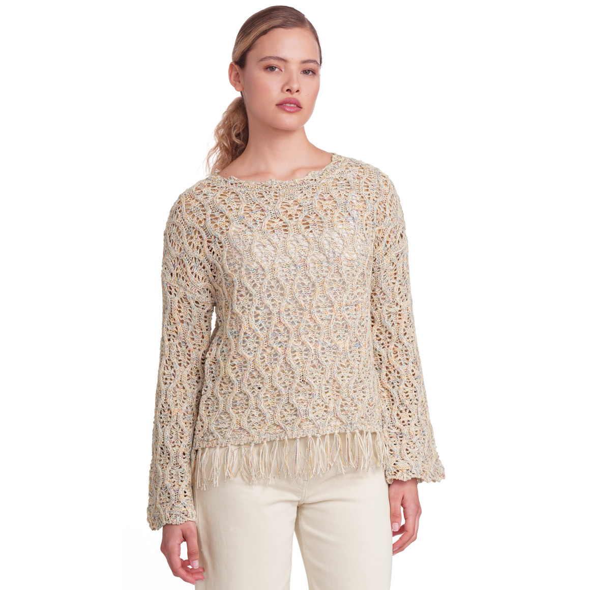 Gina Collection Damen Pullover mit Ajour-Muster beige / bunt