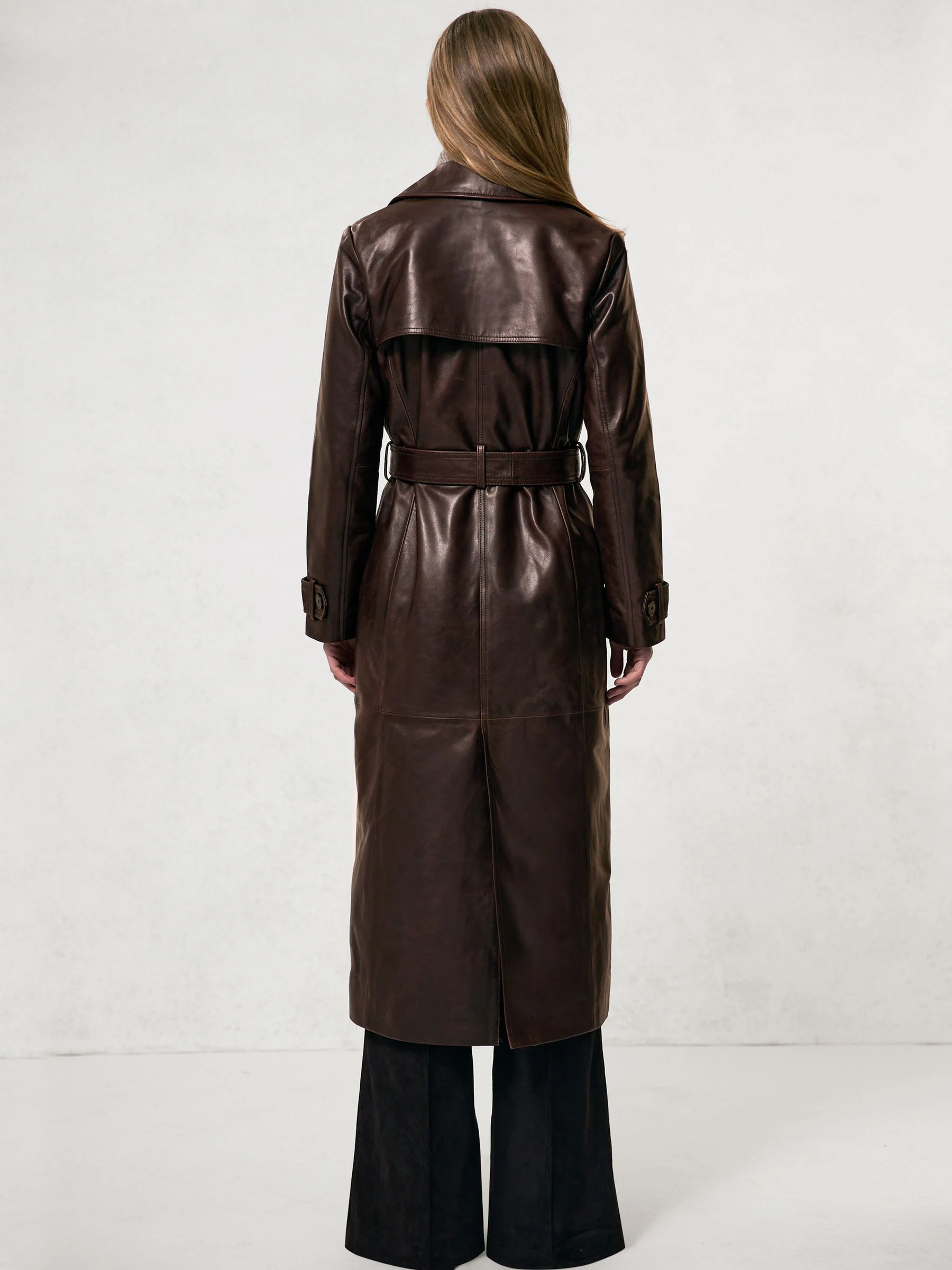 Chocoladebruin - Reiss Hattie Leather Double-Breasted Trench Coat