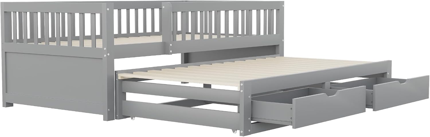 Merax Schlafsofa 90x200 cm, mit Ausziehbett & 2 Schubladen, Kinderbett mit Lattenrost, Jugendbett Gästebett platzsparend für kleine Räume, Grau (Ohne Matratze)