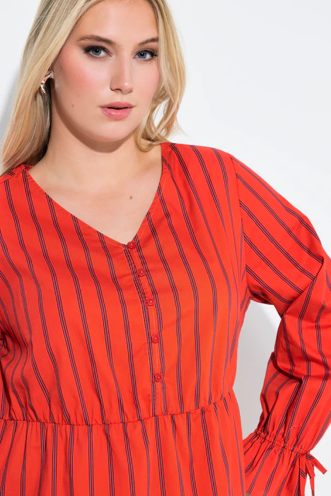 Kleid, Streifen, A-Linie, V-Ausschnitt, Langarm, coralle