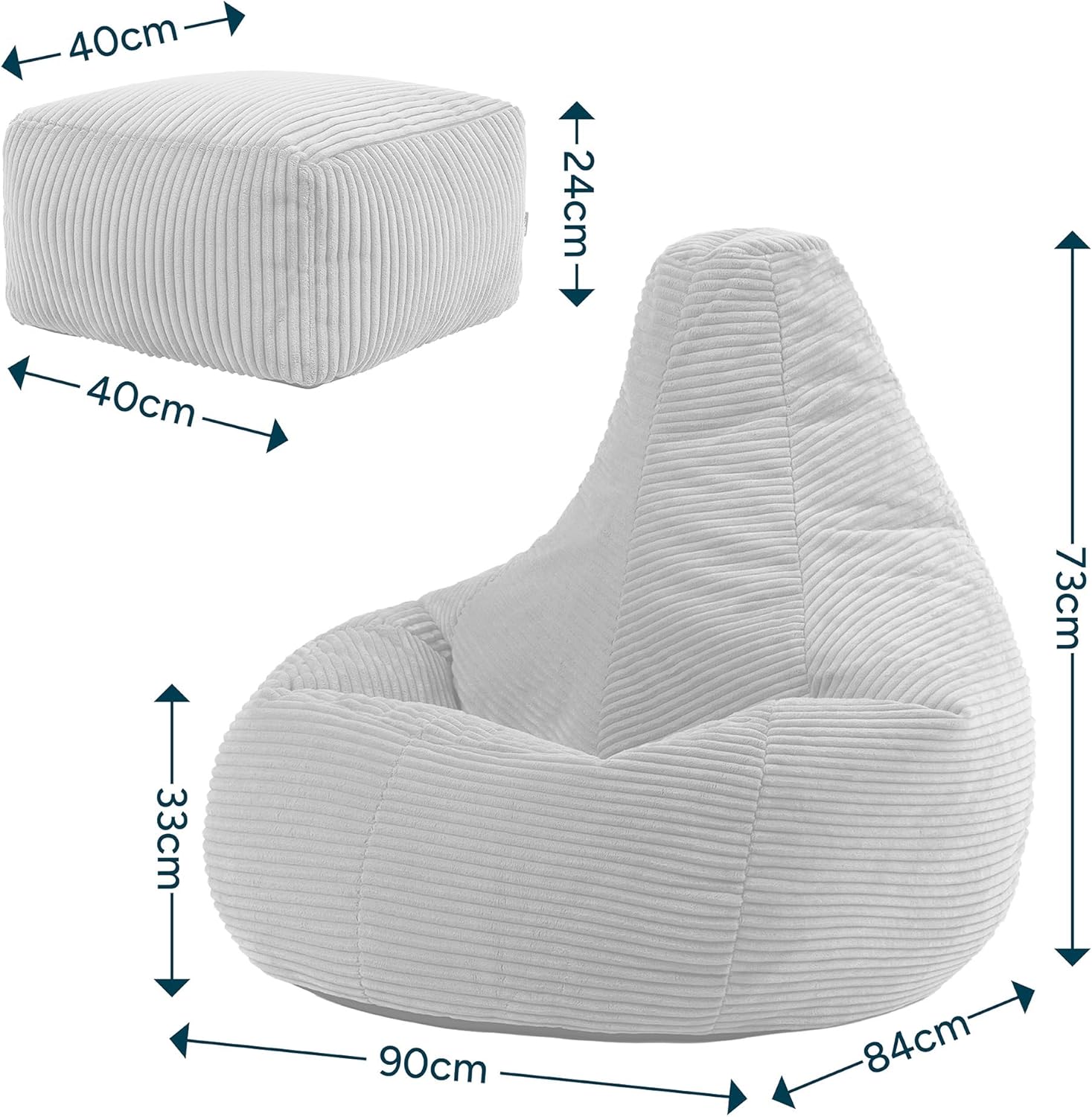 Icon Dalton Sitzsack mit Hocker Cord, Grau, Gaming Sitzsack Erwachsene mit Füllung, Bean Bag, Cord Sessel, Lounge Sessel, Lounge Stuhl, Schlafzimmer, Wohnzimmer, Wohnzimmer Möbel