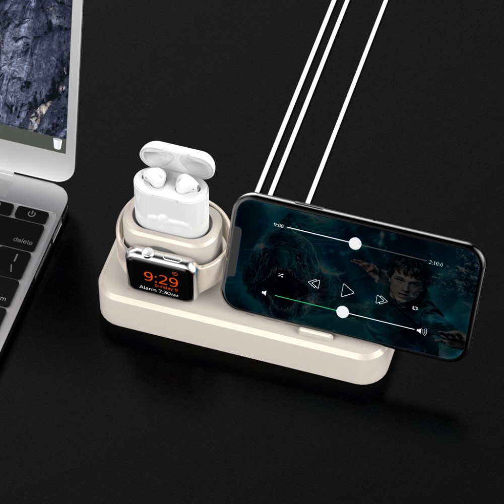 3in1 Silikon Ladeständer Charger Base Kabel Halterung für iPhone / AirPods / Apple Watch - Beige