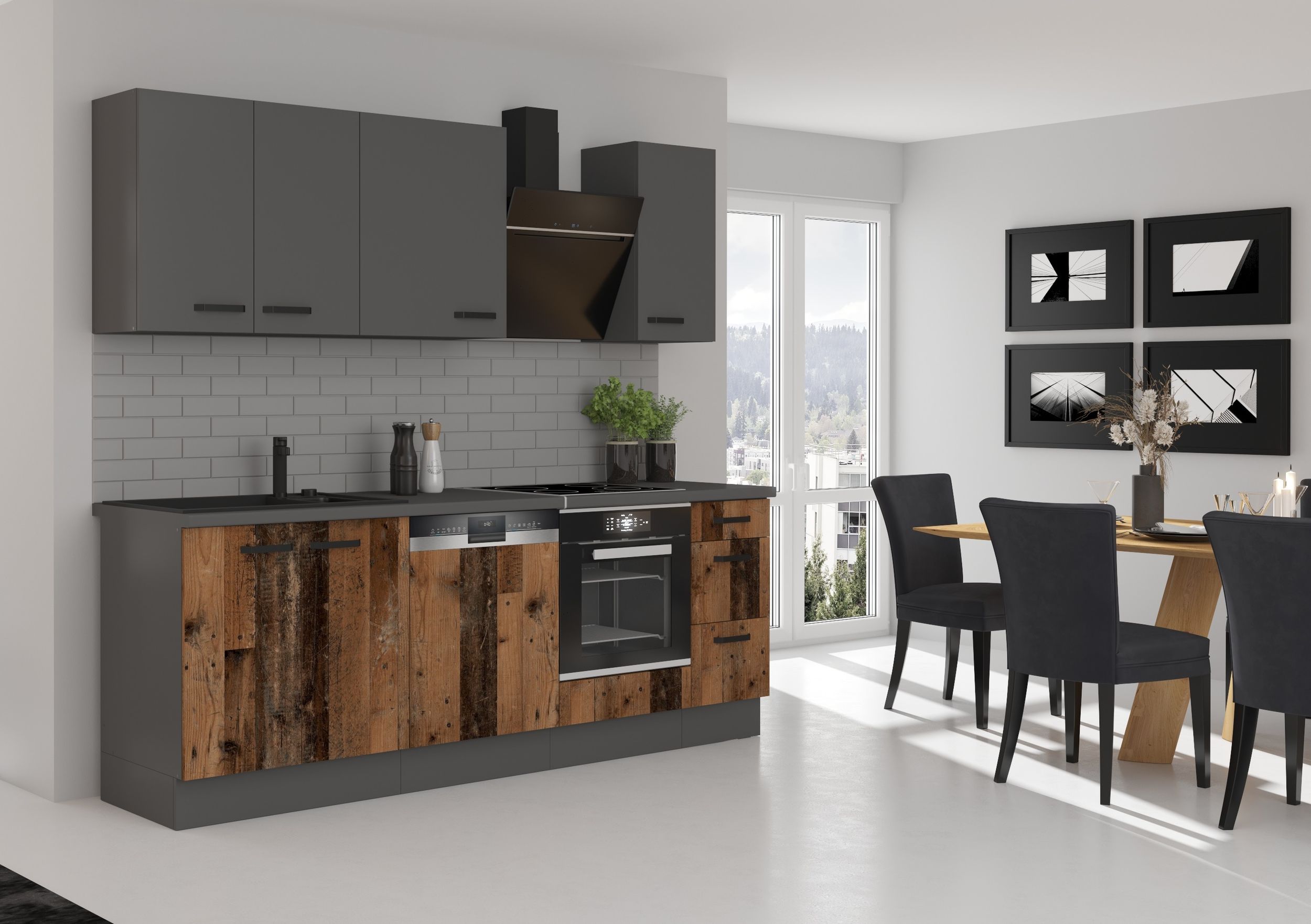 Küche OLD STYLE + NESSA Basic 240 cm Old Wood Optik Küchenzeile Küchenblock