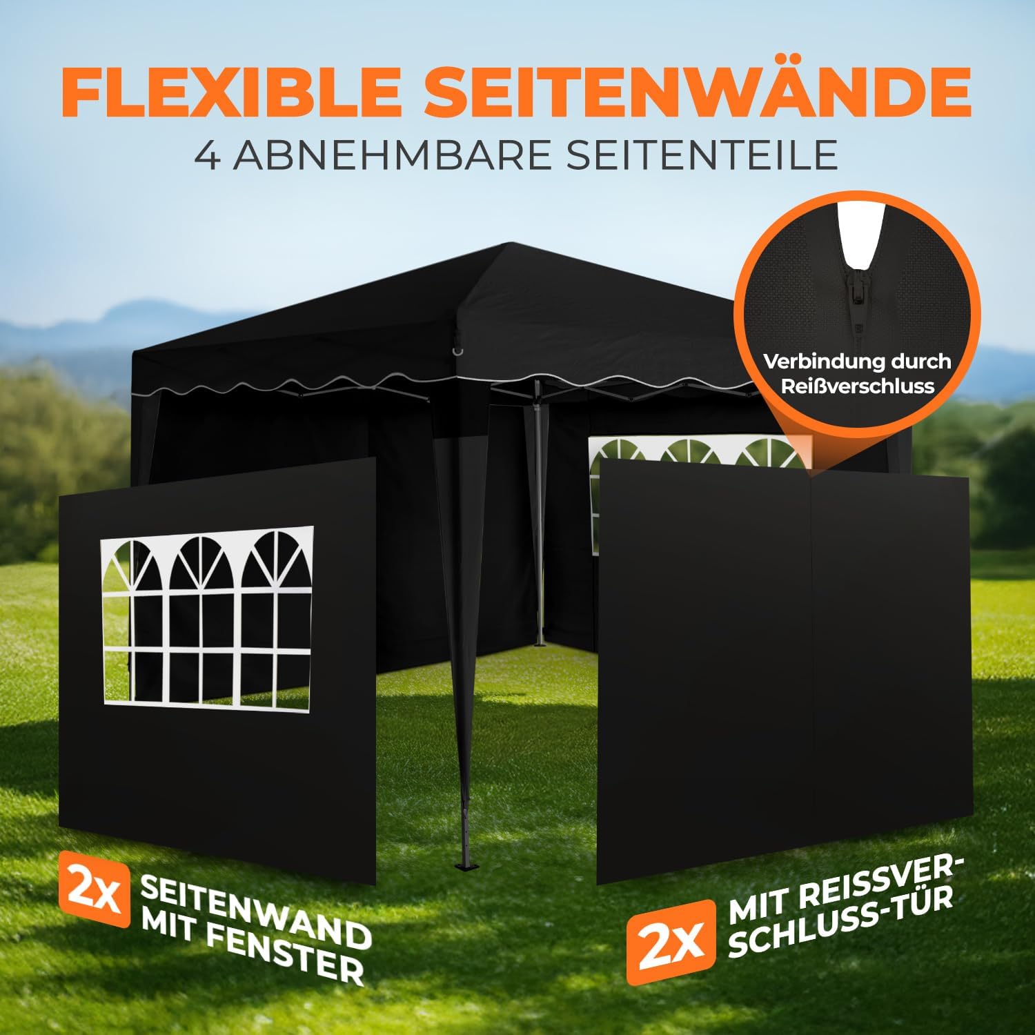 Kronenburg Faltpavillon wasserdicht Dachmaß 3 x 3 m UV Schutz 50+ Pavillon in Schwarz mit 4 Seitenteilen