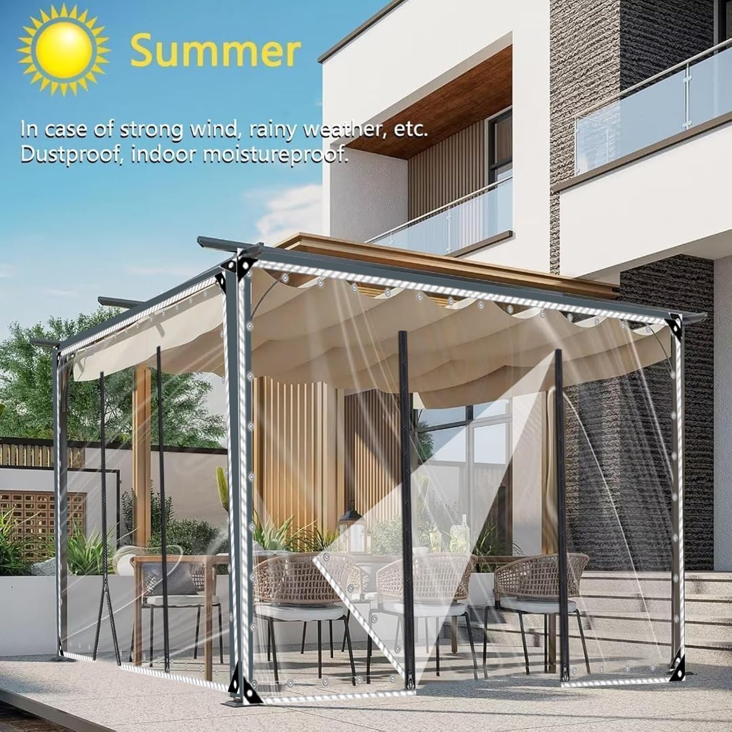 Transparente PVC Plane Seitenteil Mit Reissverschluss Tür, Mit Ösen, Outdoor Durchsichtige Plane Vorhänge,Pergola Terrasse Veranda Carport Pavillon wasserdichte Regenfest(H2.2xW3m/H7.2xW9.8ft)