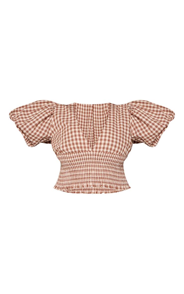 Toffee Haut Court À Carreaux Vichy Marron Avec Décolleté Plongeant Et Manches Bouffantes - Ensemble Coordonné Grande Taille
