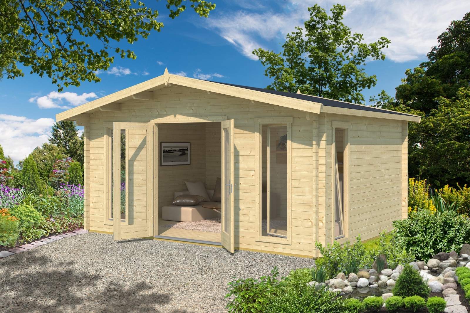 Gartenhaus ELGIN 44 SET GOLD - natur - Fichte massiv - 480x360 cm