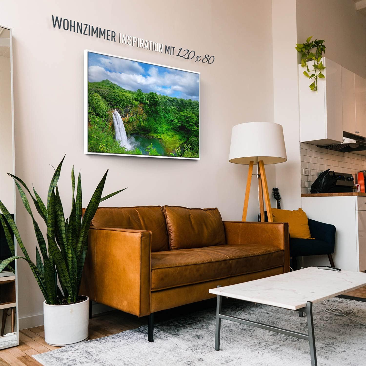 Wandbild Wasserfall Hawaii - 150cm x 100cm Leinwand auf 2cm Keilrahmen mit Schattenfugenrahmen weiß