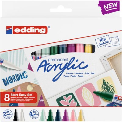 Edding Nordic - Pack de 8 marqueurs acryliques - noir, jaune pastel, rouge, vert mousse, blanc, mauve, menthe, bleu nuit