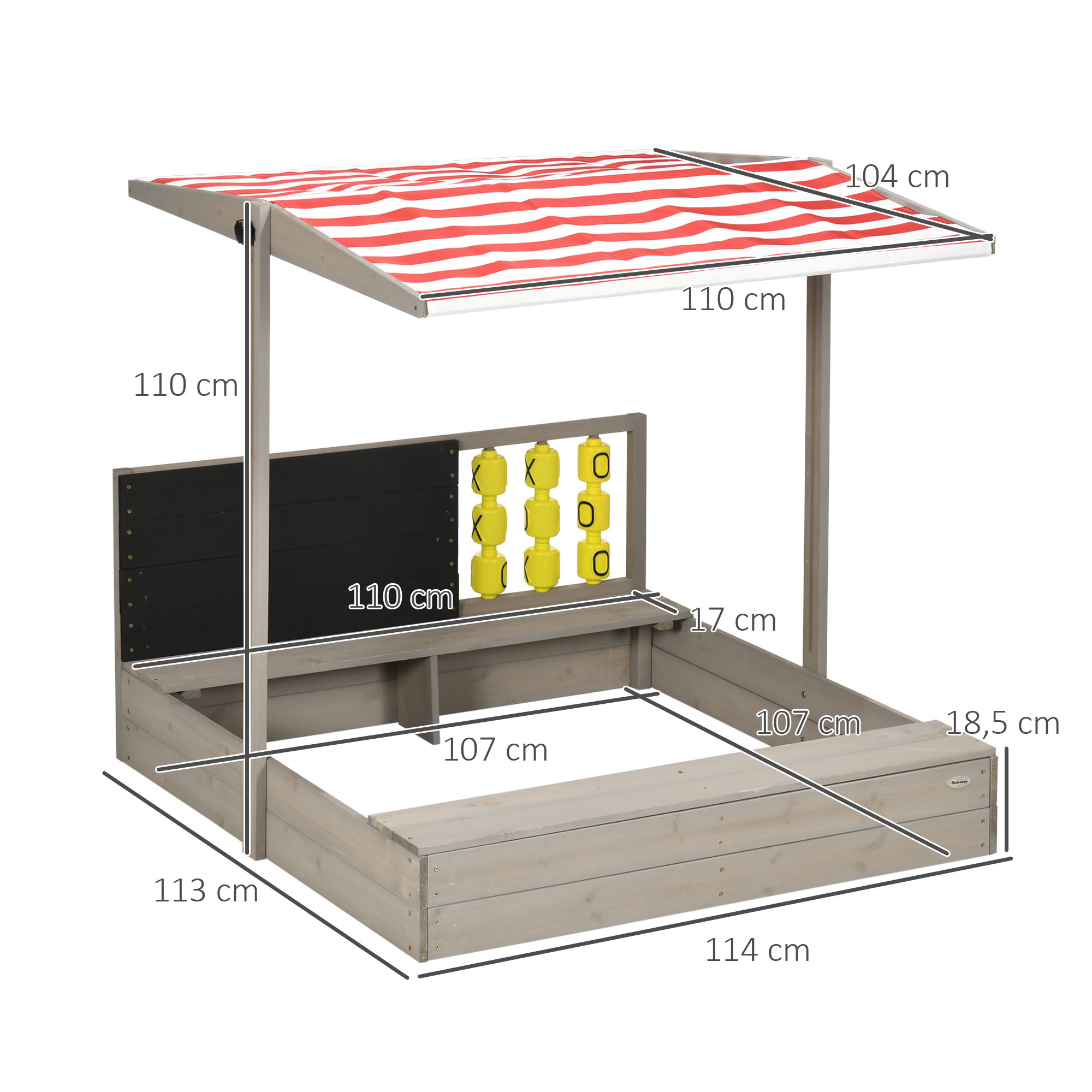 Caixa de areia de madeira Outsunny para crianças de 3 a 7 anos, com cobertura ajustável em tecido não tecido, banco de 2 lugares, quadro-negro e brinquedos para jardim ou pátio, 114 x 113 x 110 cm, cinza.