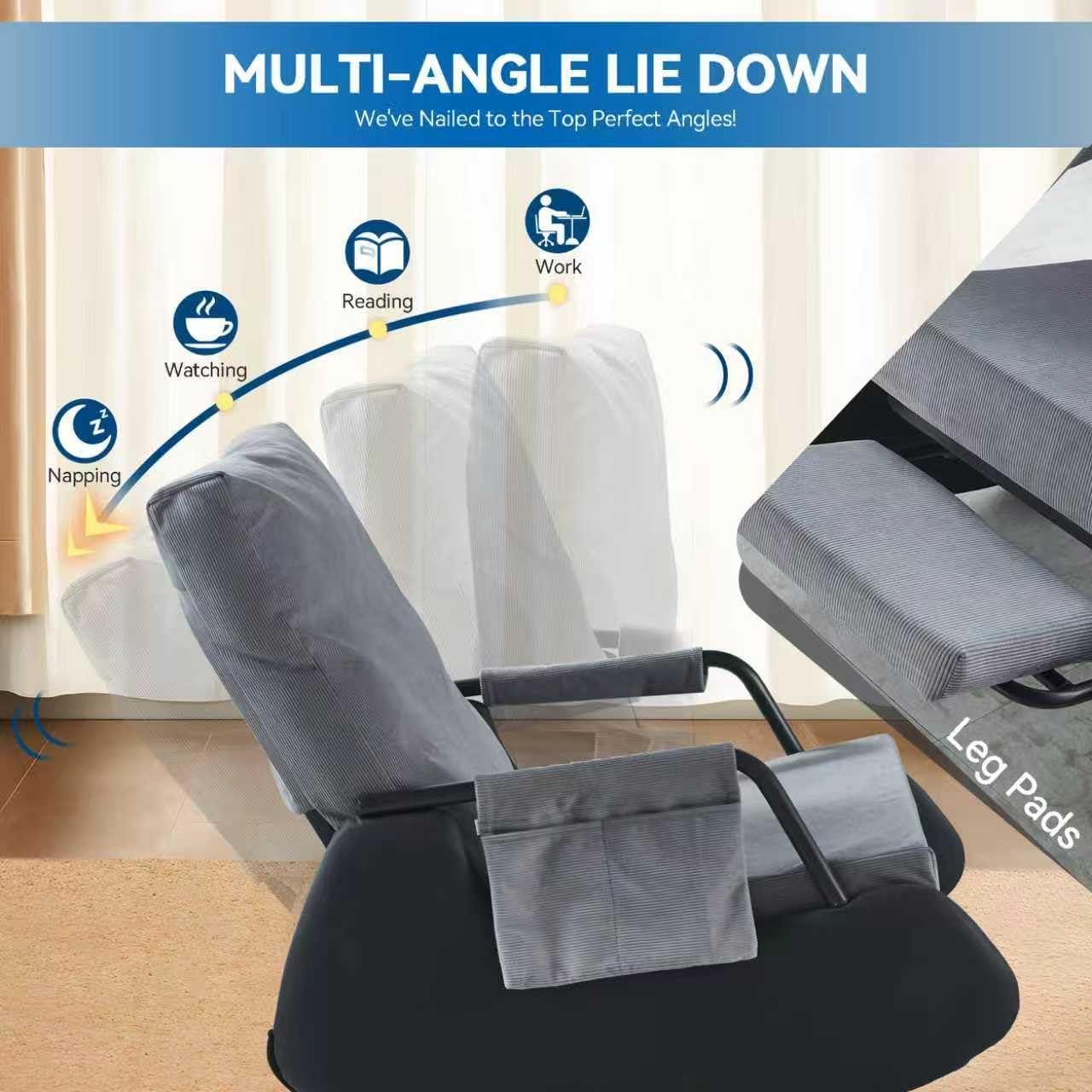 Schaukelstuhl mit Fußstütze, Schaukelsessel Wohnzimmer, Breiter Relaxsessel mit 3-Fach Rückenlehne und Seitentaschen, Lesesessel Bequem, Schaukelstühle für Wohnzimmer Schlafzimmer Balkon (Grau)