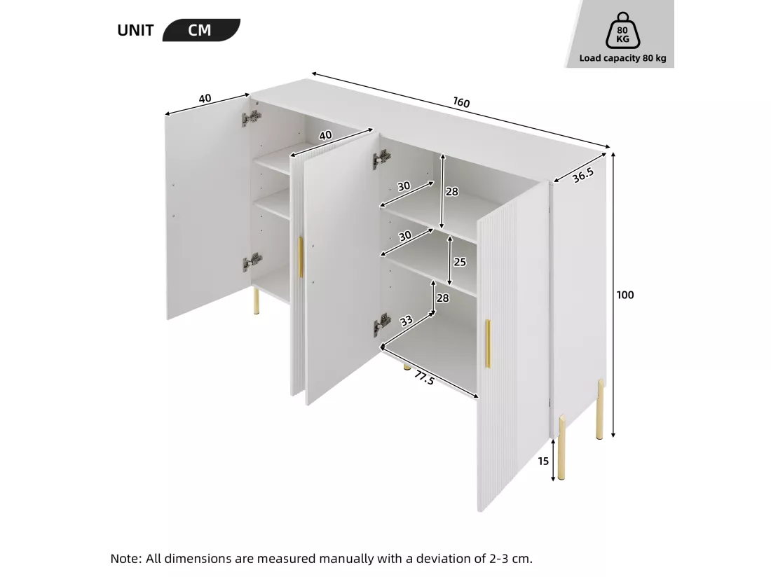 Buffet 160x35x100cm - 4 portes - en panneaux de particules - Blanc