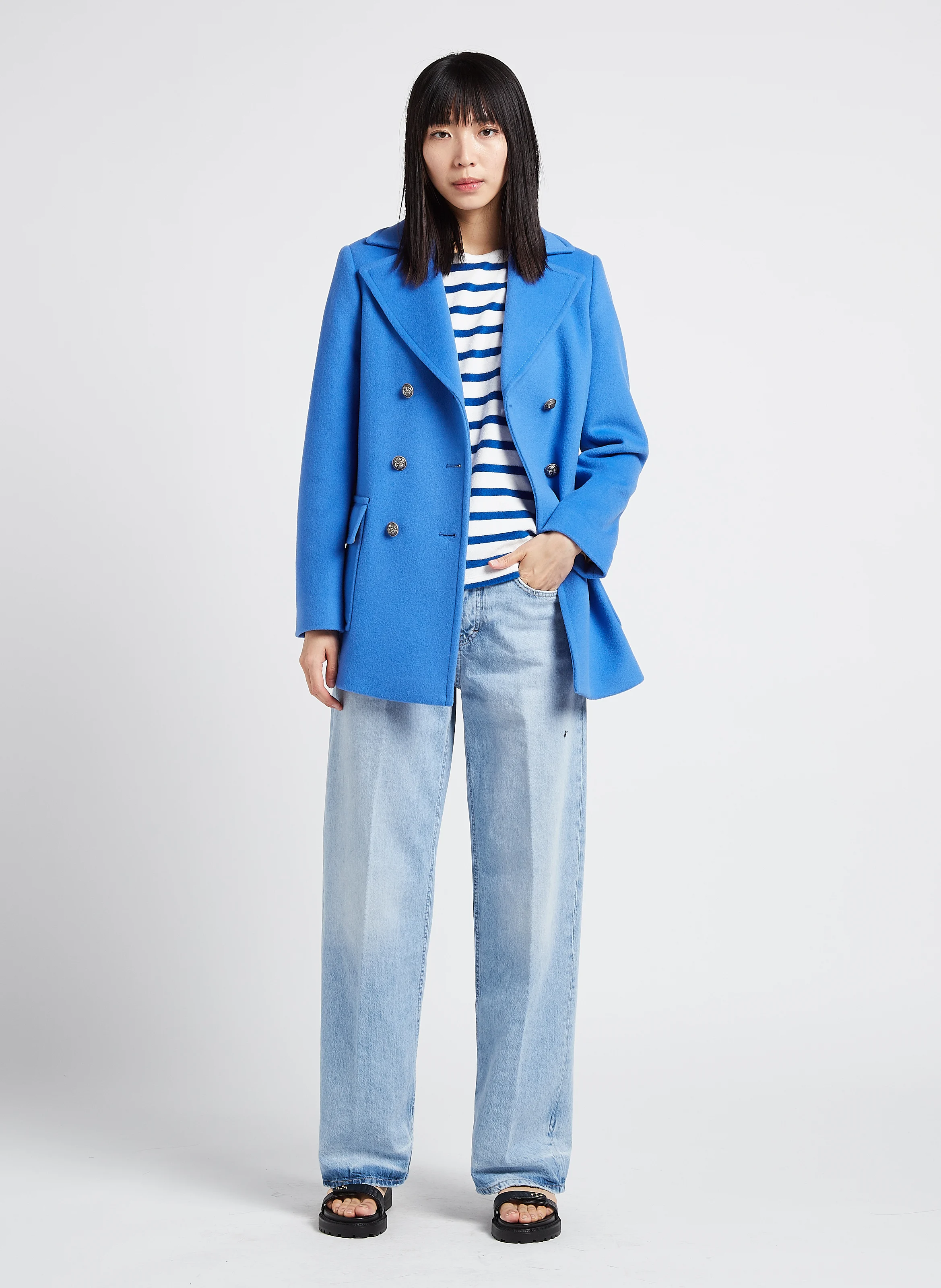 SALATO - Manteau court col tailleur en laine | Bleu