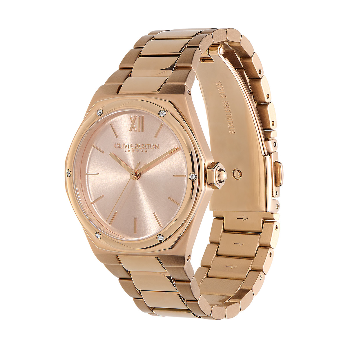 Montre OLIVIA BURTON hexa femme analogique, bracelet acier doré rose