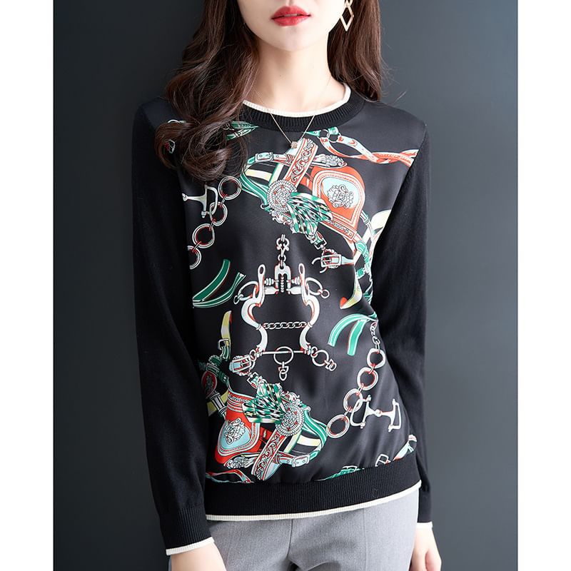 Kwuartz - Gebreide top met lange mouwen, ronde hals en print en contrasterende bies