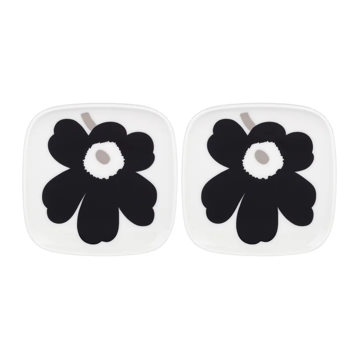 Marimekko - Oiva Unikko Servierplatte, 10 x 10 cm, weiss / coal / silber (2er-Set)
