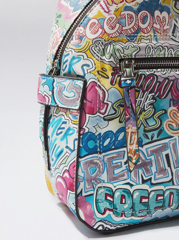 Mochila estampada com porta-celular - Azul